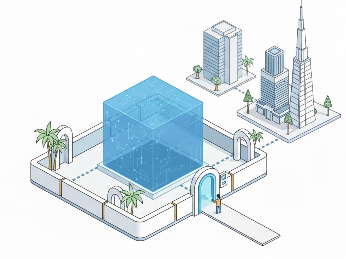 Illustration of a gated Bahrain banking perimeter with one controlled stablecoin settlement lane extending from an institutional core.